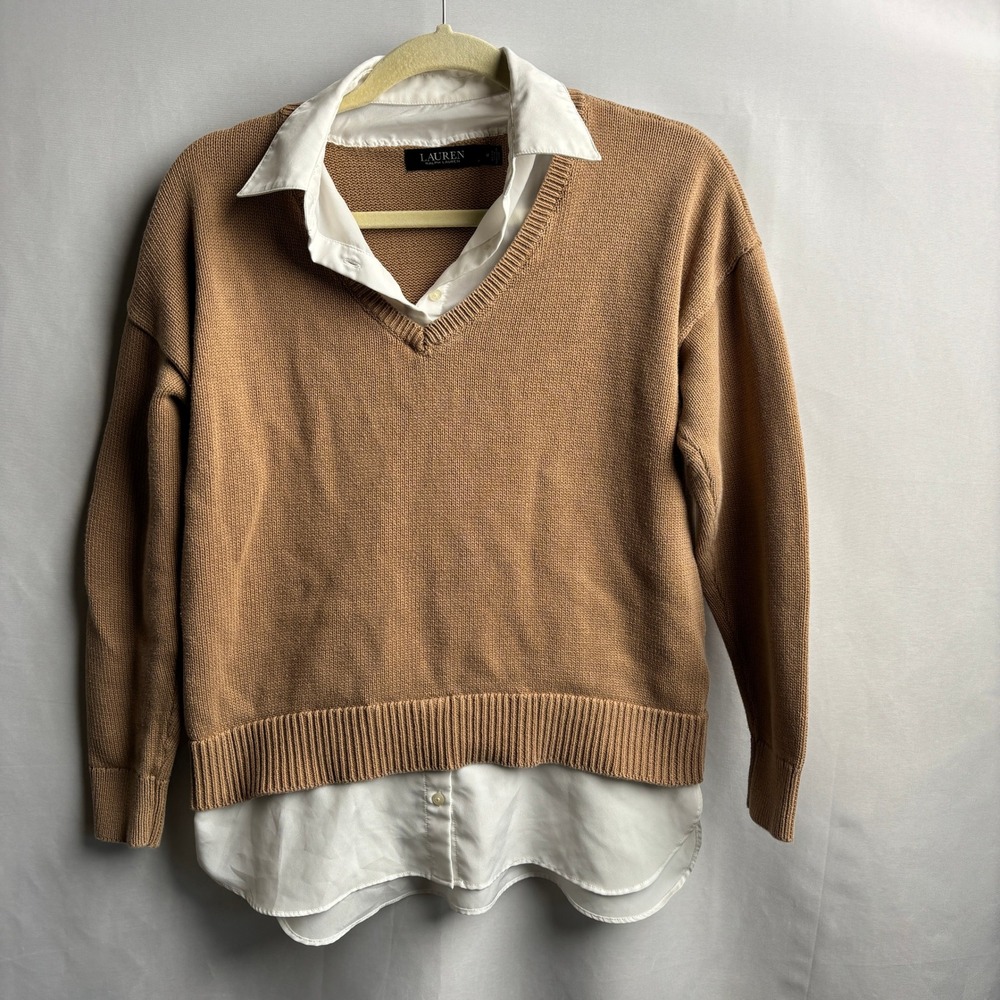 LRL Ralph Lauren Womens Camel Brown Layered Look V-Neck Cotton Sweater M Preppy